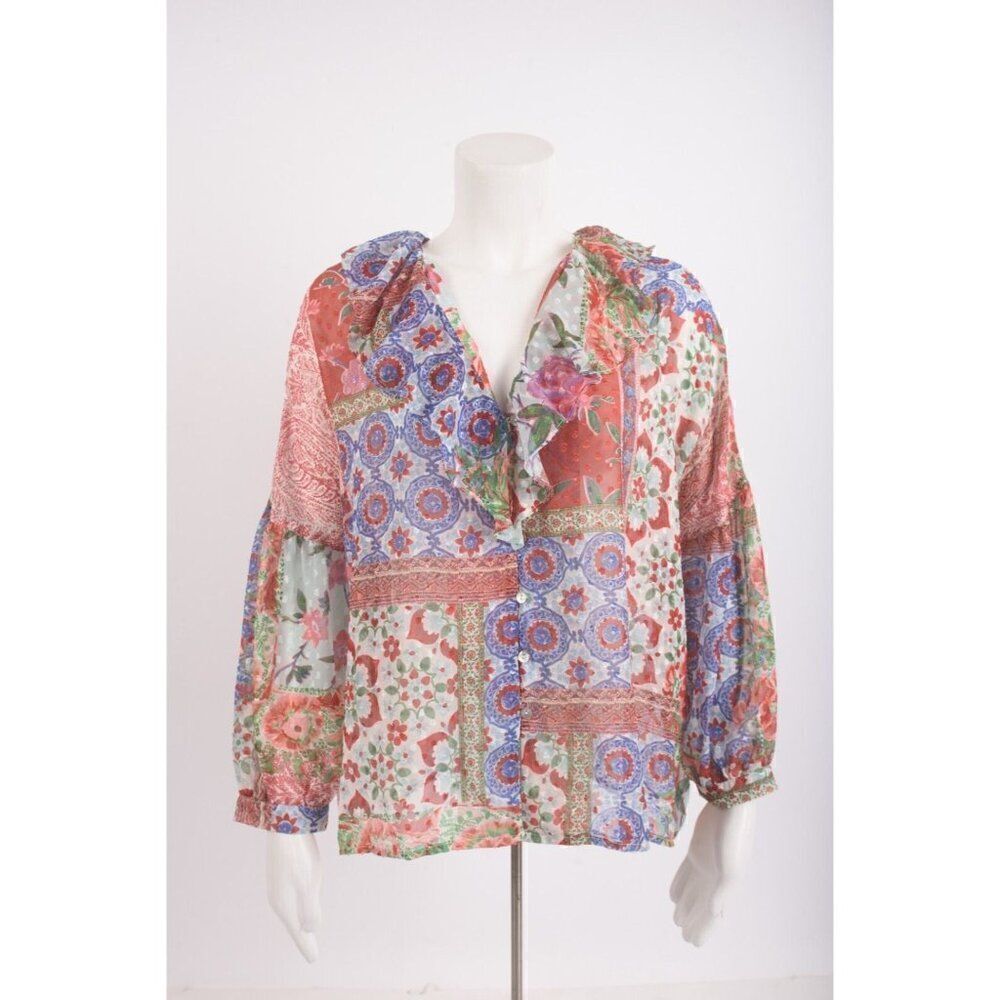 Zara Womens Mixed Jacquard Printed Blouse Shirt XS Multi-Color 7901/034 NWT